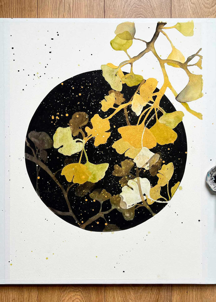 Ginkgo Leaves, original watercolor and mixed media painting on paper by artist Ingrid Sanchez, AKA CreativeIngrid. This is the fifth painting of 'Transitions', the Spring Collection 2024.