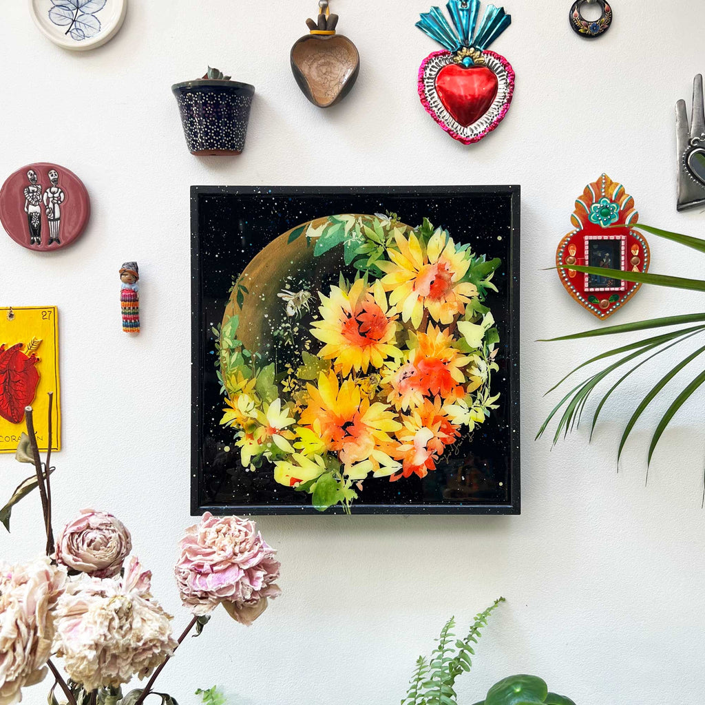 Sunflowers, two bumble bees and the moon, small | Reinvented Collection