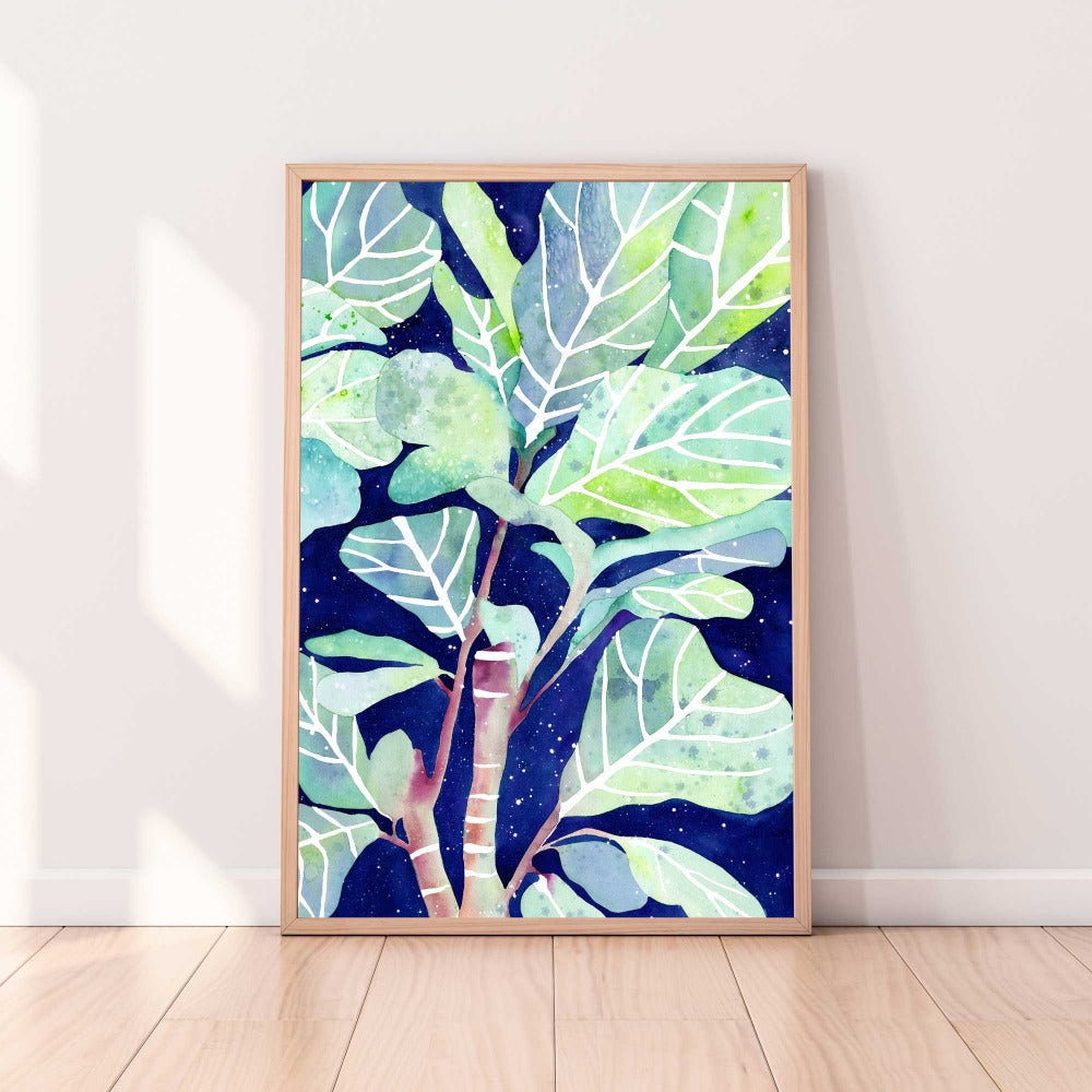 Original art of a Fig plant with bright green and turquoise leaves and a background of a blue galaxy texture. | Ingrid Sanchez, London 2021.
