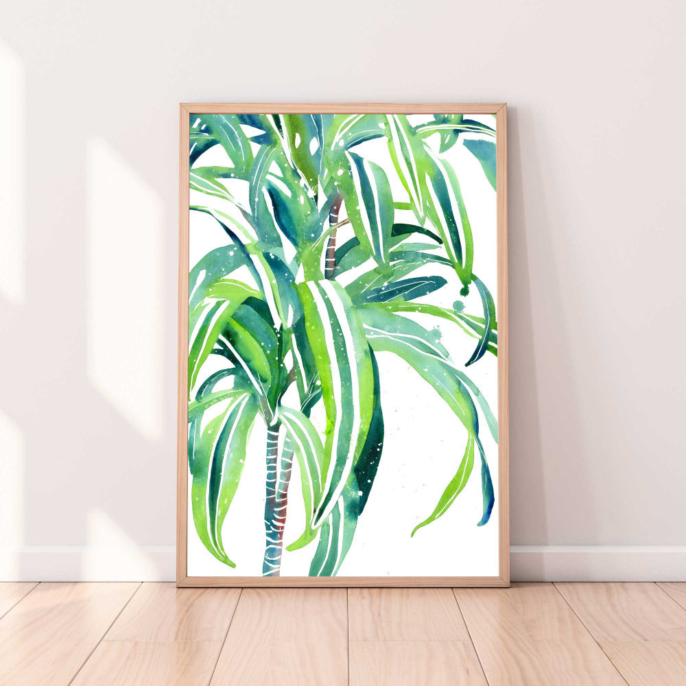 Corn Plant, green leafy art, an original artwork painted with mixed media on paper by artist Ingrid Sanchez, AKA CreativeIngrid.