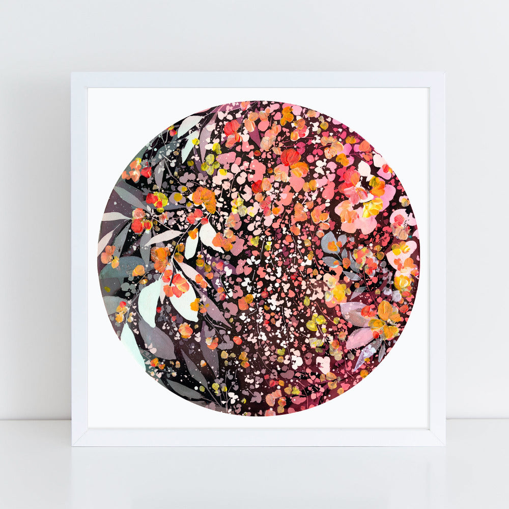 Floral moon inspired by October's meteor showers, when the sky is filled with celestial fireworks. Art print by CreativeIngrid.