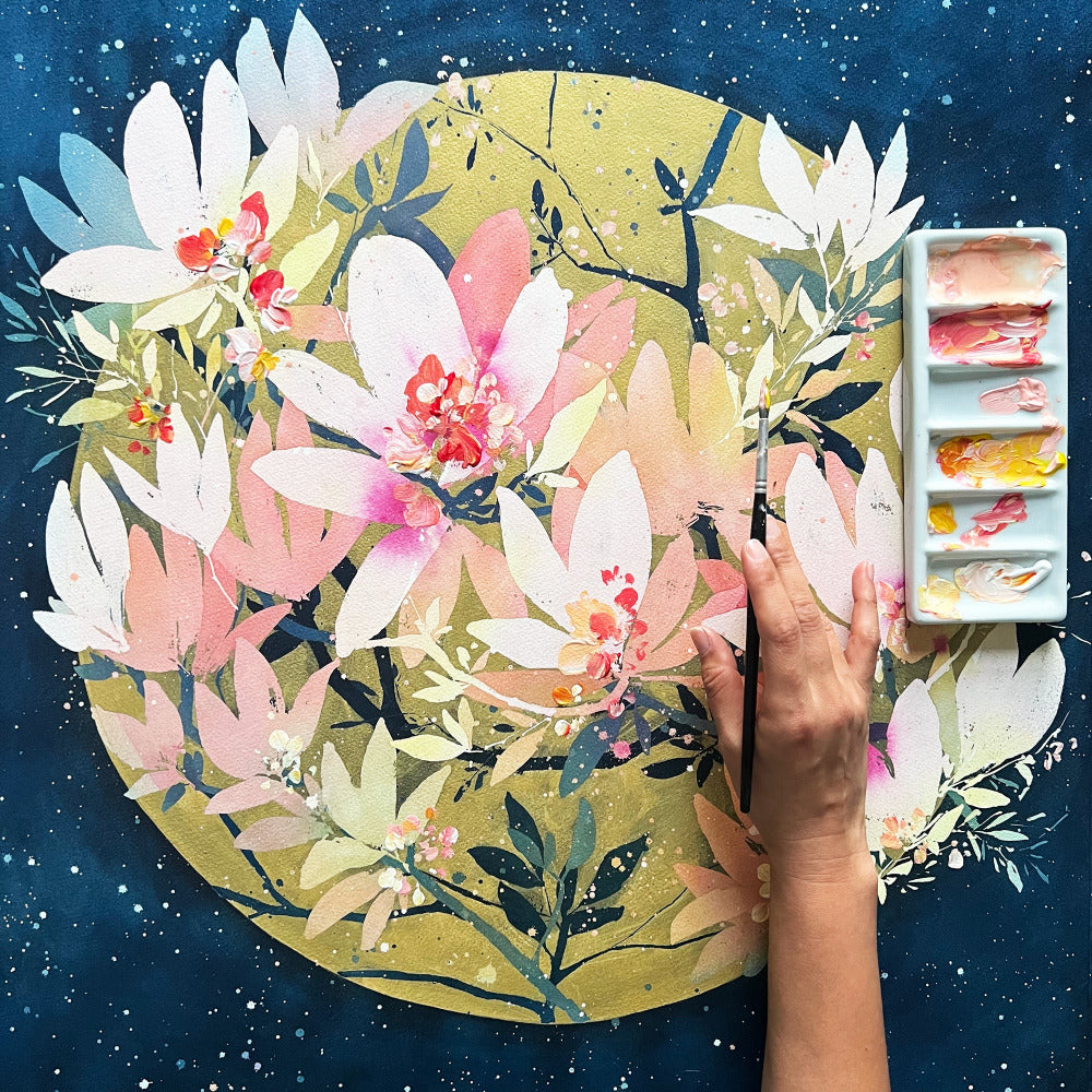 Magnolia Sunrise is an original painting inspired by the magnolia trees that flourish all over London during spring. Ingrid Sanchez, 2023.