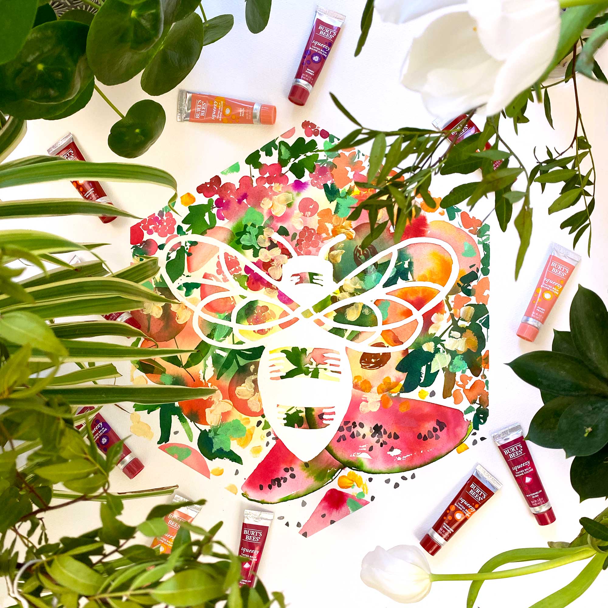 Burt's Bees Logo, Watercolor bee and fruits by Ingrid Sanchez | CreativeIngrid x Burt's Bees
