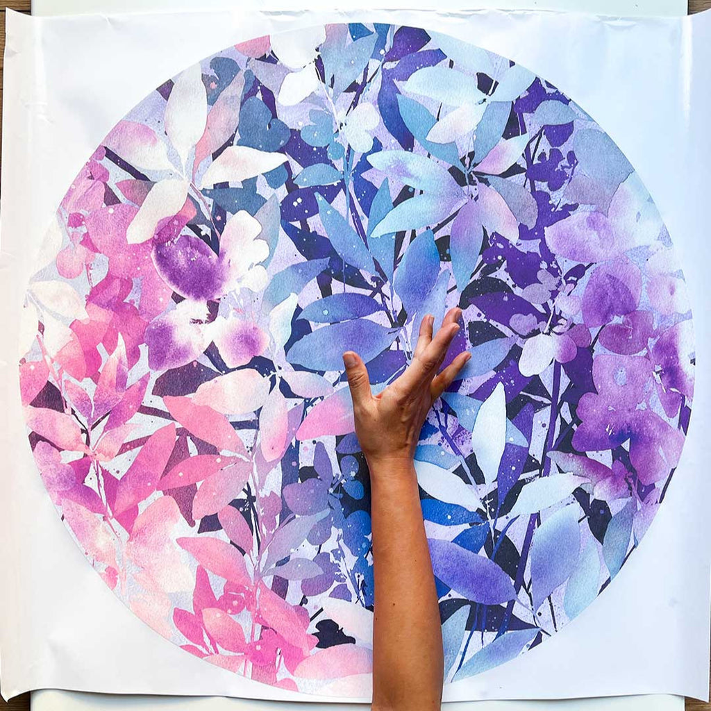Day Blooming Moon purple wall sticker – floral moon decal in shades of purple, pink, and blue by CreativeIngrid
