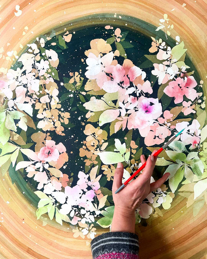 Waning Sunflower Moon painting by Ingrid Sanchez – circular cyanotype with hand-painted sunflowers in yellow and orange tones.