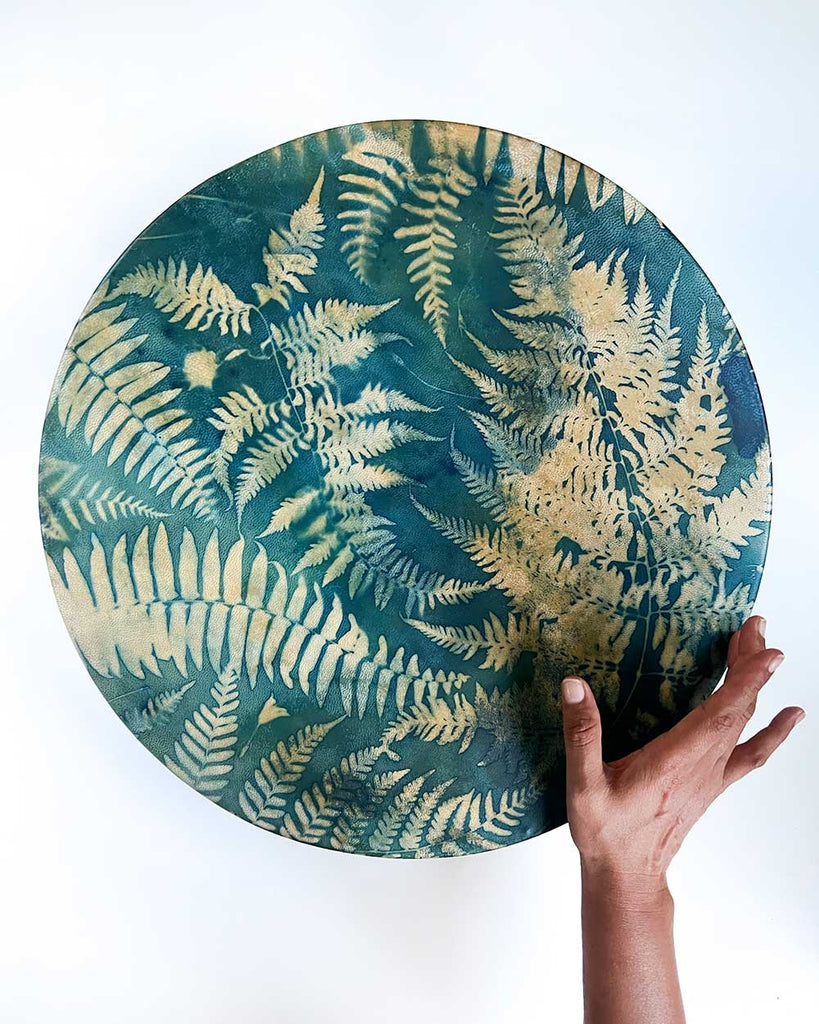 Emerald Fern shamanic drum with cyanotype fern prints on goat hide, Ingrid Sanchez.