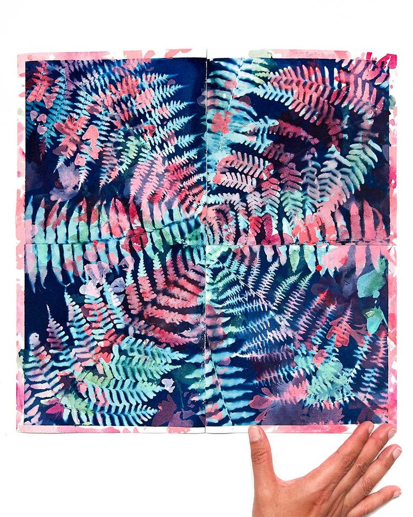 Groovy Ferns, Cyanotype on Floral Watercolor by Ingrid Sanchez