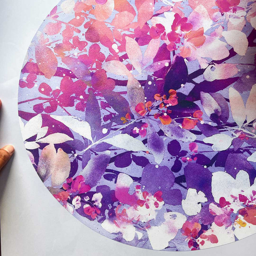 In Full Bloom purple wall sticker, repositionable and damage-free floral moon decal.