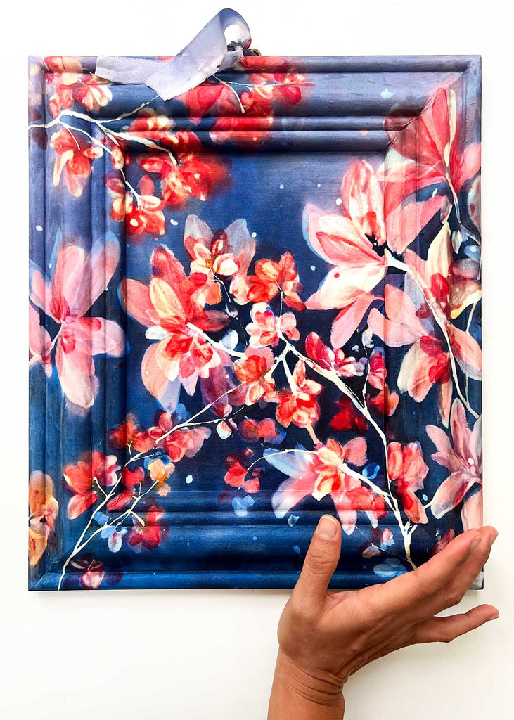 “Midnight Blossoms” original hand-painted silk art ready to hang, capturing calm night floral beauty.