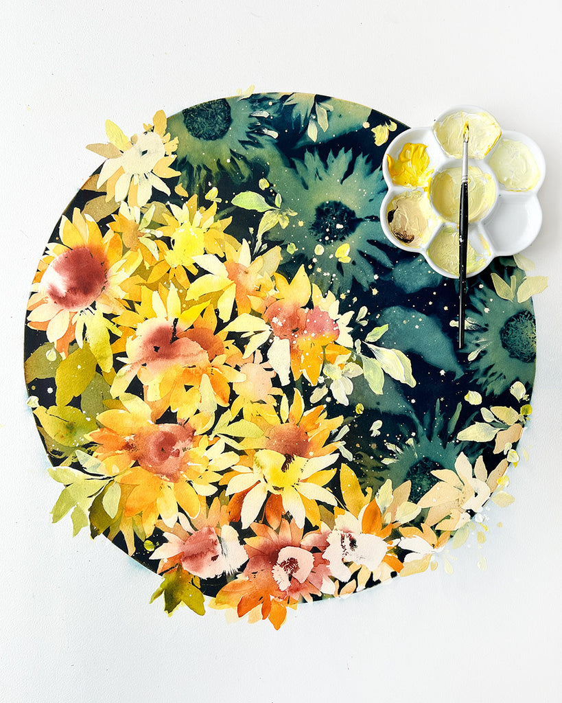 Waning Sunflower Moon painting by Ingrid Sanchez – circular cyanotype with hand-painted sunflowers in yellow and orange tones.