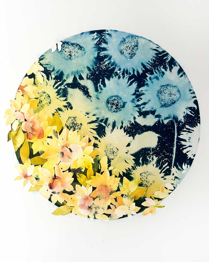 Waxing Sunflower Moon artwork by Ingrid Sanchez – cyanotype with soft peach and yellow watercolor sunflowers.