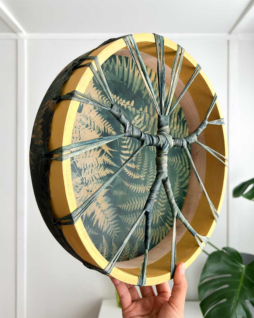 12” Shamanic Drum with Willow Hoop and Goat Hide, Golden Ferns by artist Ingrid Sanchez.