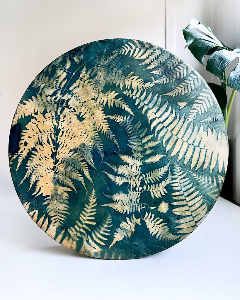 Shamanic drum in soft daylight showing tonal variations of golden ferns.