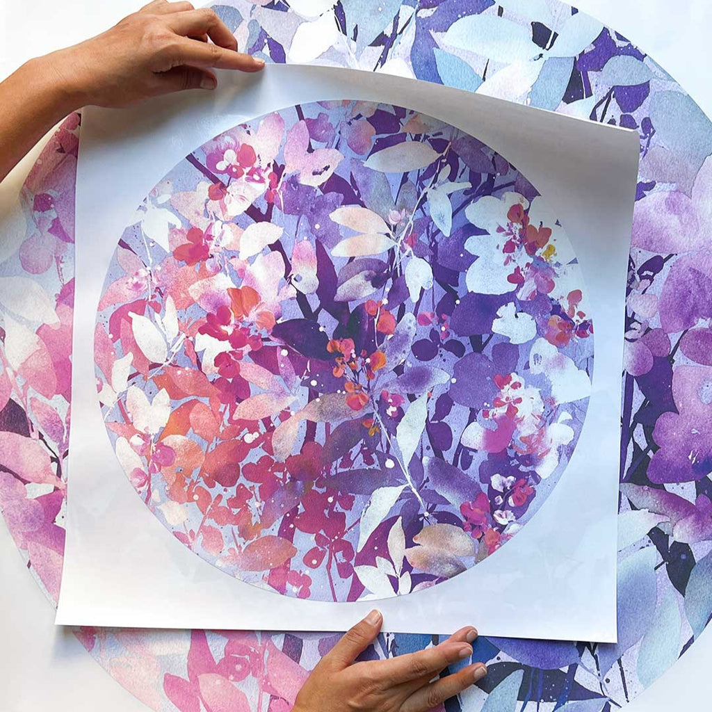 Reusable peel-and-stick purple moon wall decal applied on bedroom wall, In Full Bloom design by Ingrid Sanchez