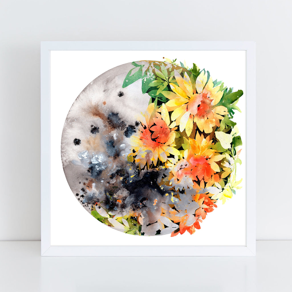 Sunflower Moon Eclipse, Art Print | CreativeIngrid. Wall art for home decor, perfect for moon and sunflower lovers.