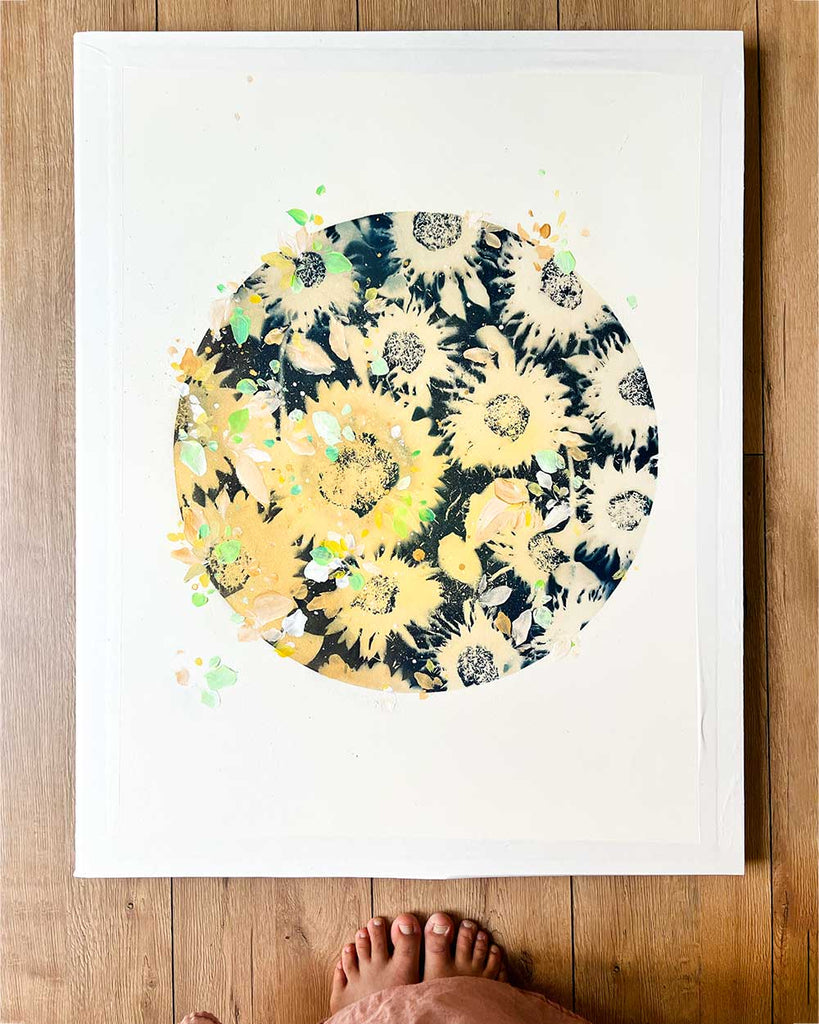 Sunflower New Moon artwork by Ingrid Sanchez, circular floral cyanotype