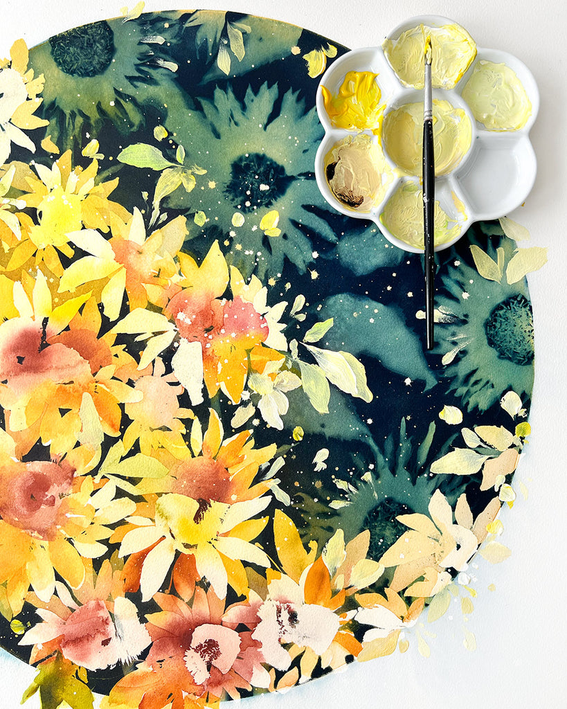 Close-up of watercolor and cyanotype details on Waning Sunflower Moon artwork showing layered textures and real floral shapes.