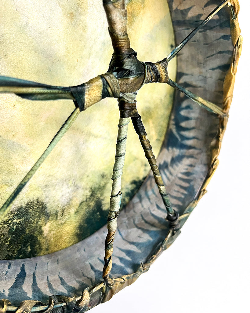Close-up of Blue Star fern cyanotype on goat hide drum surface with textured golden accents.