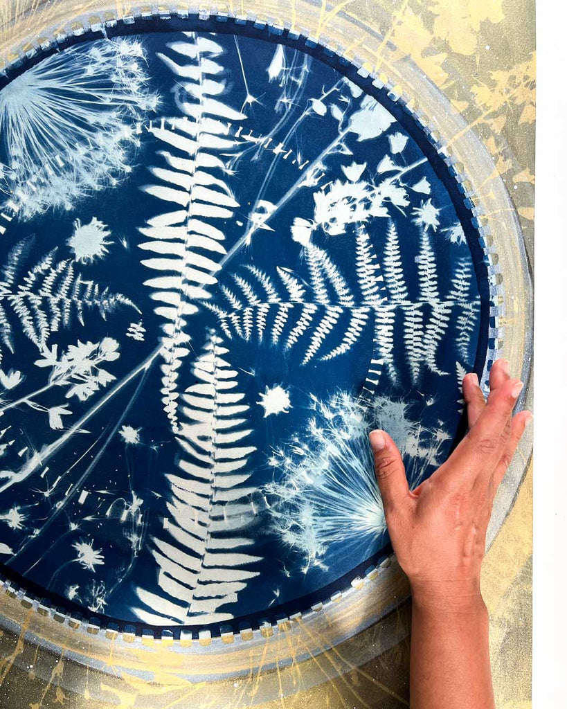 ‘Fern-Moon-Spirit’ mixed media painting on paper, highlighting natural fern prints, watercolor brushstrokes, and moon motif.