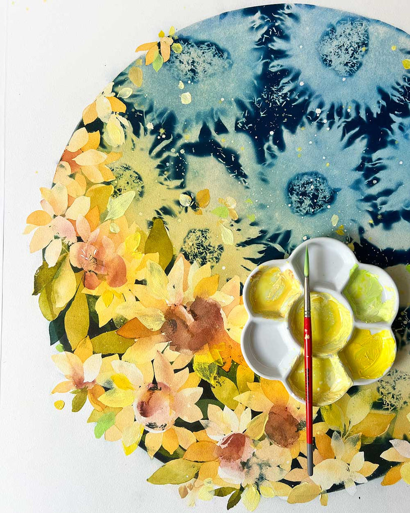Close-up of watercolor textures and flower details in Waxing Sunflower Moon.