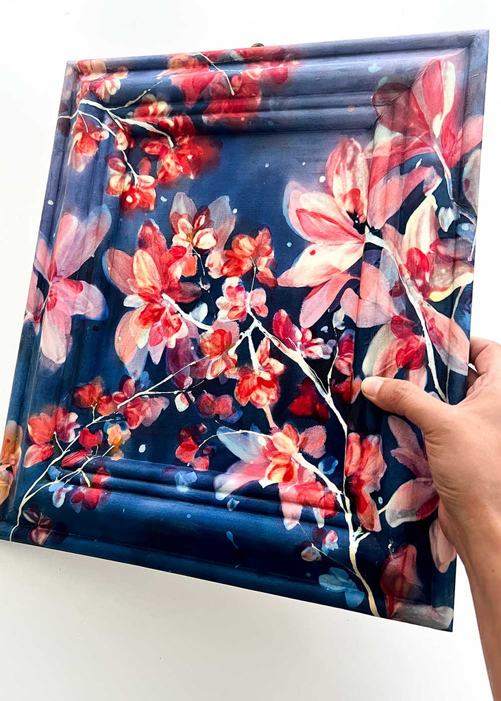 Signed and sealed silk painting “Midnight Blossoms” by artist Ingrid Sanchez, London 2025.