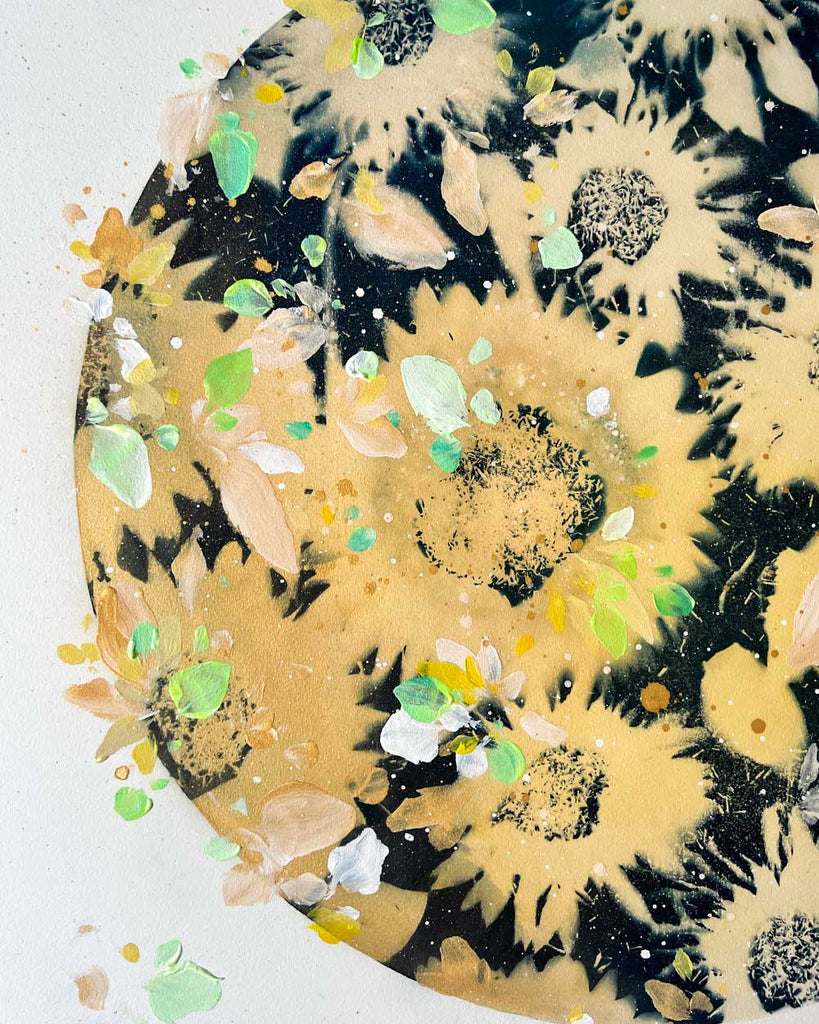 Sunflower New Moon painting with vibrant layered watercolor effects