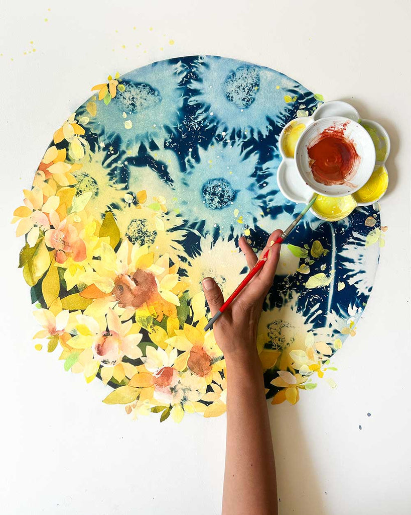Botanical cyanotype and watercolor moon painting on paper by CreativeIngrid.