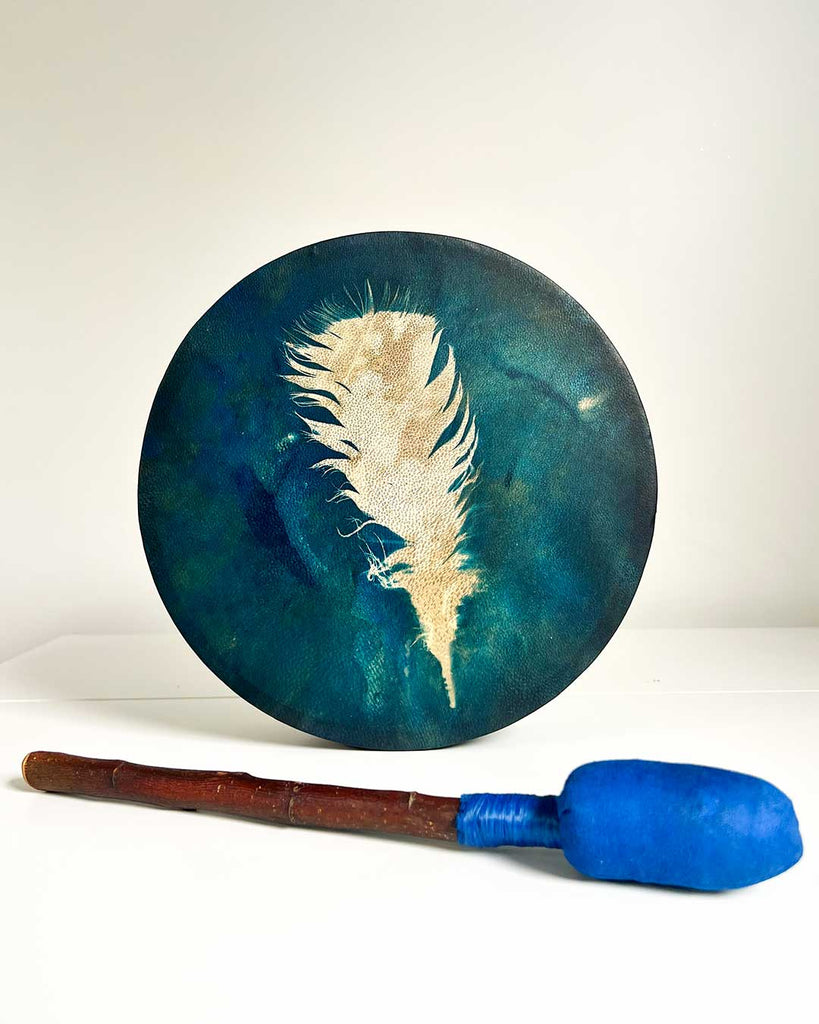 10-inch shamanic drum named Dreamfeather, infused with full moon energy for ceremony and meditation.