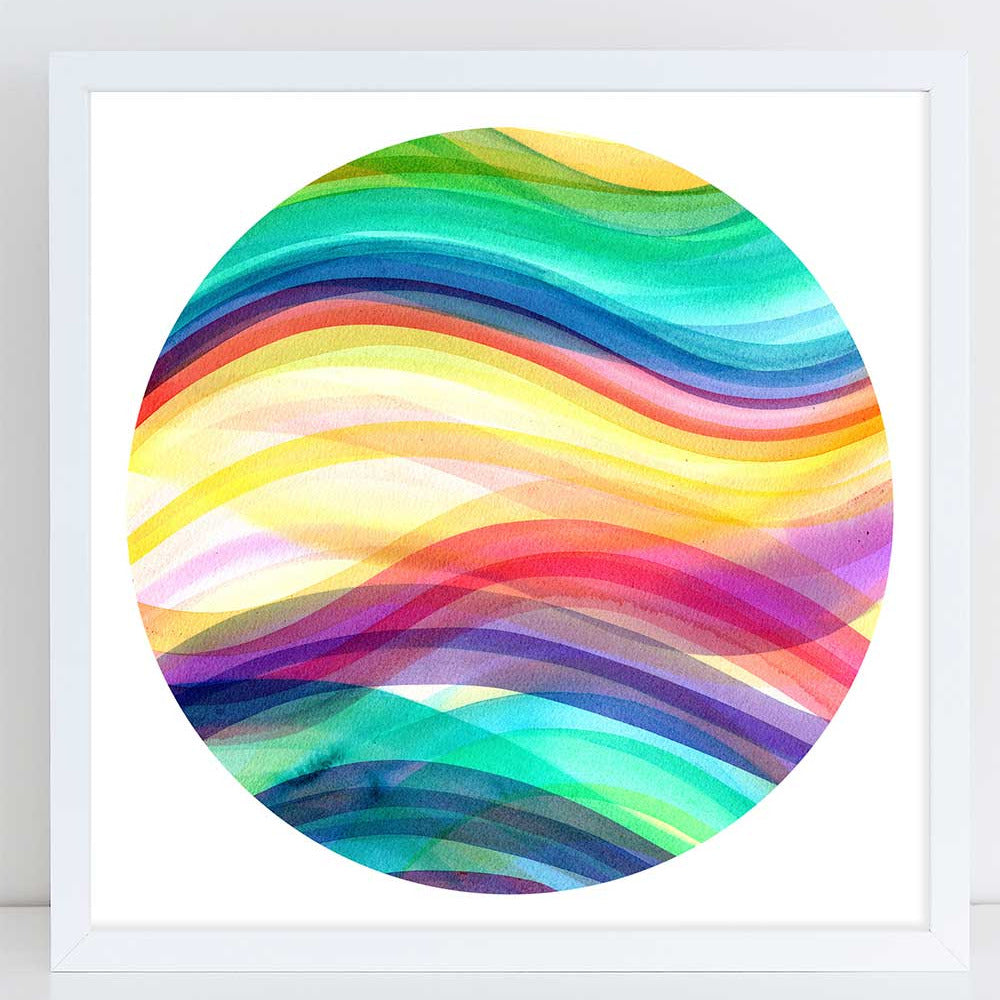 This Colorful Waves Moon is a celebration of light, movement, and joy! I painted this piece with flowing watercolor layers, allowing the colors to merge and create new, unexpected shades—just like the ever-changing sky. The wavy lines are bold yet organic, forming a vibrant lunar shape full of energy and harmony.

Fine art print created with the original watercolor 'Colorful Waves'&nbsp;by artist Ingrid Sanchez (London 2025).