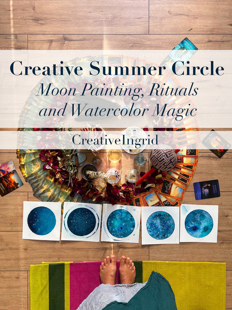 Summer Circle workshop, featuring watercolor moon painting, creativity rituals, and a cacao ceremony in London with CreativeIngrid.