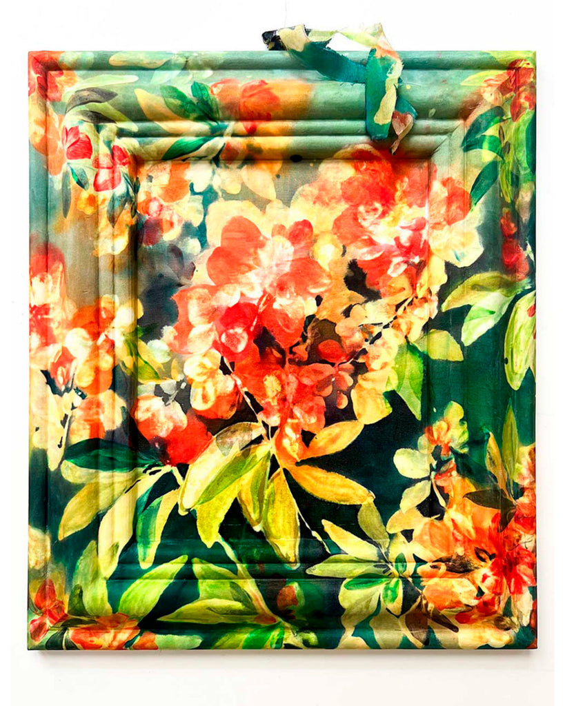 Crimson Garden painting by Ingrid Sanchez, hand-painted silk on wood, featuring vibrant reds, oranges, and greens inspired by a blooming garden.