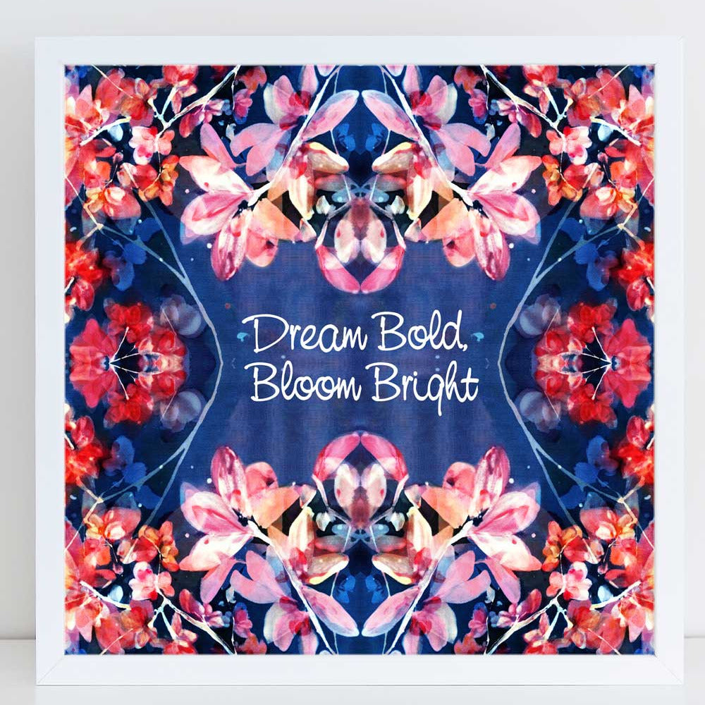 Let your dreams bloom boldly! This floral mandala art print features the empowering message "Dream Bold, Bloom Bright", set against a deep blue background with vibrant pink magnolia-inspired blossoms. Created from my original watercolor painting Midnight Blossoms (Ingrid Sanchez, London 2025), this piece radiates confidence, creativity, and growth.

The symmetrical floral design evokes the beauty of magnolias while embracing a dreamy, abstract touch—making it a perfect gift for women who love nature, art, a