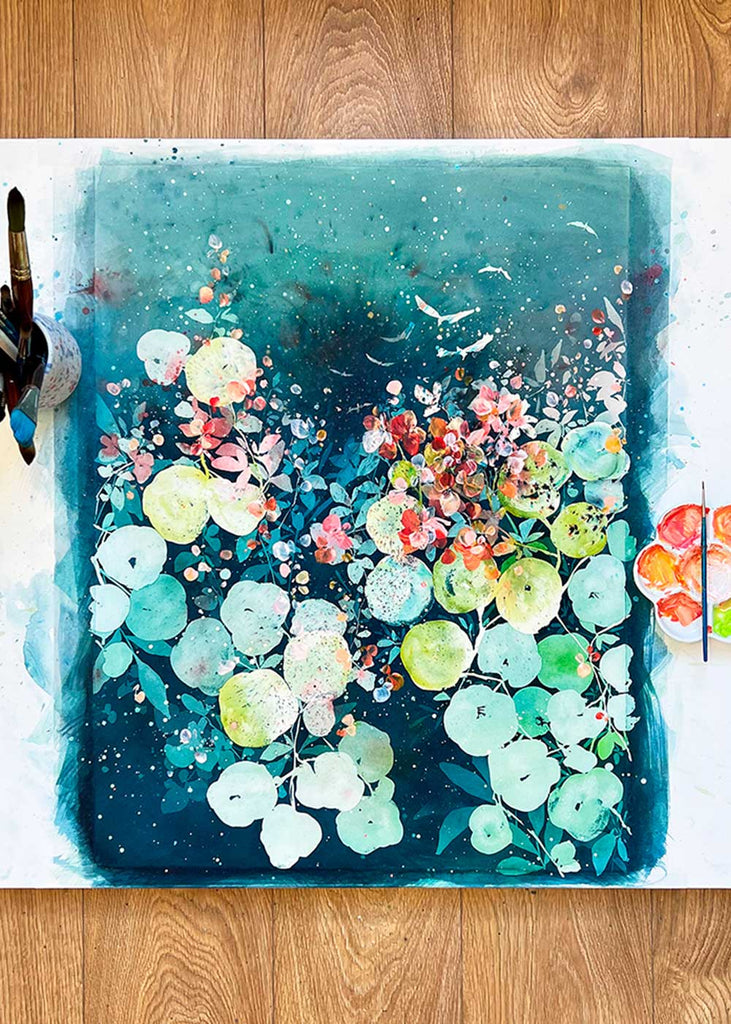 Dreamlike Blooms, Original Art, Turquoise nasturtium leaves and flowers | Ingrid Sanchez