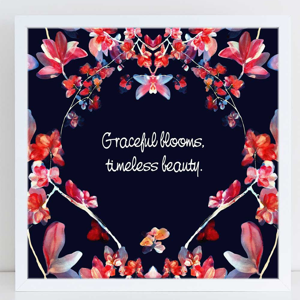 Embrace the beauty of nature with this floral mandala art print, featuring the elegant message "Graceful Blooms, Timeless Beauty." This piece was created from my original watercolor painting, Midnight Blossoms (Ingrid Sanchez, London 2025), celebrating the delicate yet powerful essence of blooming flowers.

With deep midnight blue tones and rich red and pink orchid-inspired blossoms, this artwork is a symbol of elegance, grace, and inner strength. Perfect as a gift for women who love floral art, nature, and