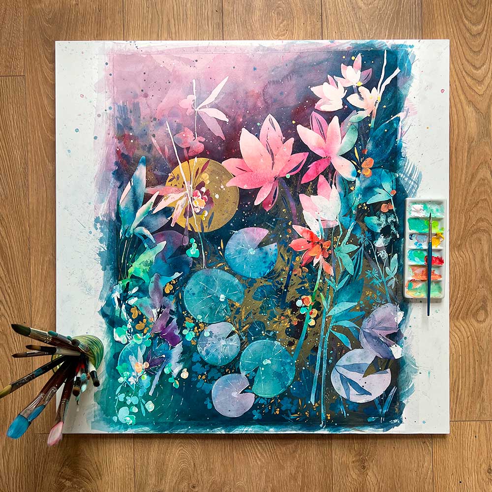  Lotus Night Spirit. Original watercolor featuring pink lotus flowers and its leaves in blue and purple shades. Can you spot the dragonfly?