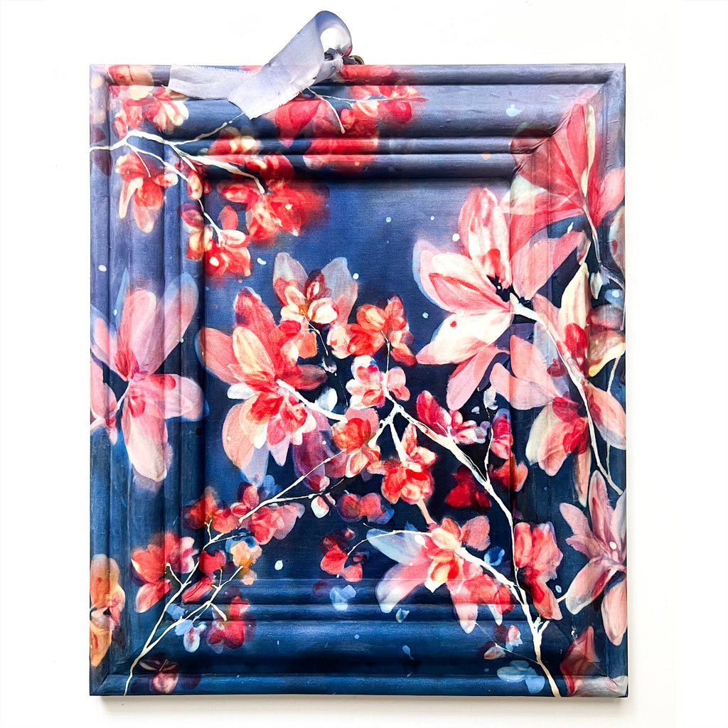 Hand-painted silk artwork “Midnight Blossoms” by Ingrid Sanchez, featuring magnolia-inspired brushstrokes in soft evening colors.