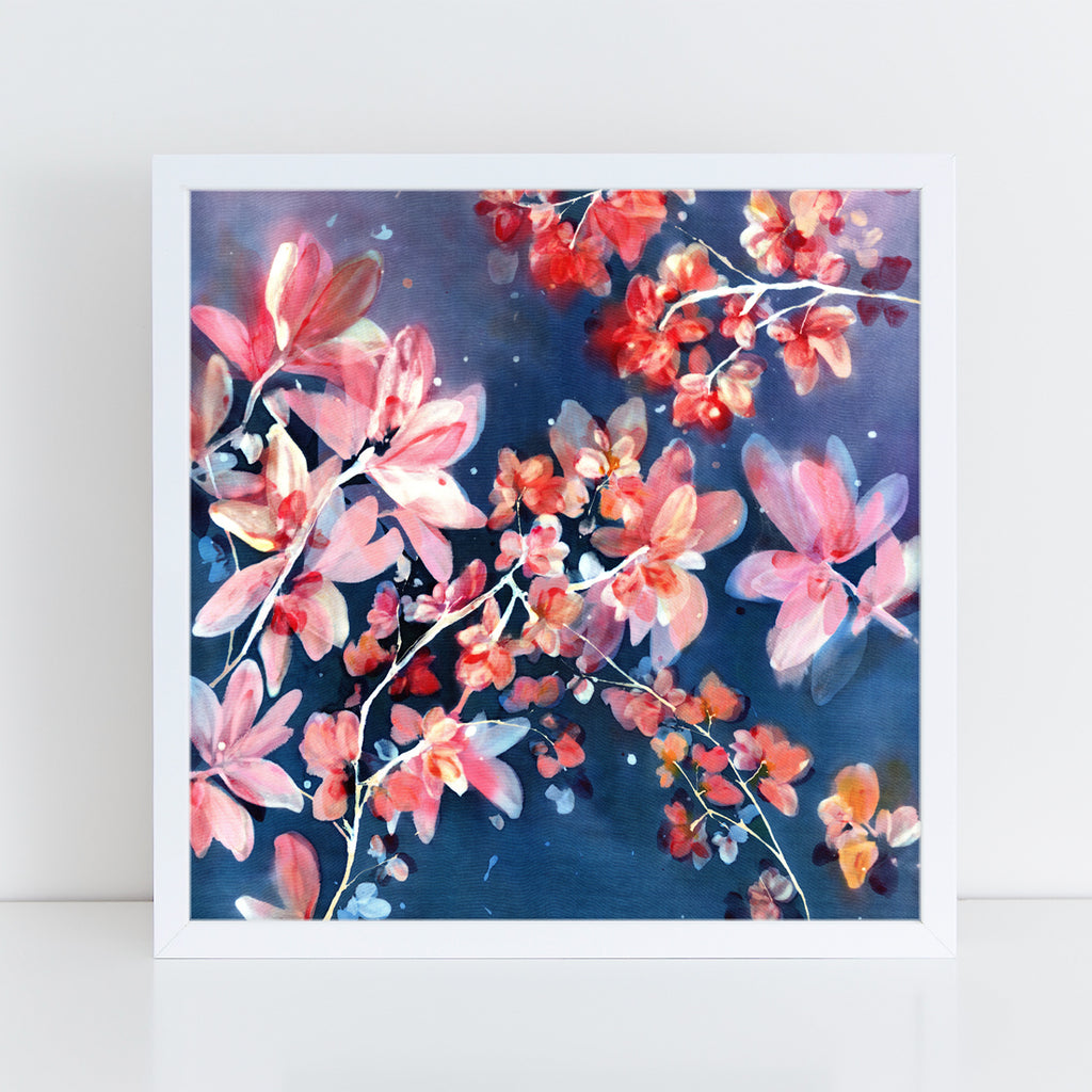 Midnight Blossoms is a dreamy, romantic floral art print inspired by the delicate beauty of magnolias and cherry blossoms in bloom. Soft pink and deep red petals dance across a rich midnight blue background, with graceful white branches weaving through the composition. The layered watercolor effect creates a luminous, almost ethereal quality—like flowers gently illuminated by moonlight.

Fine art print created with the original painting 'Midnight Blossoms' by artist Ingrid Sanchez (London 2025 - Dyes on sil