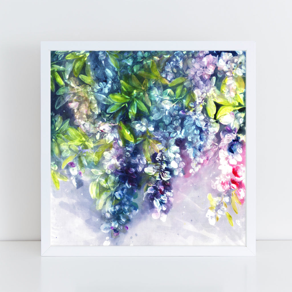 Midnight Wisteria is a dreamy, ethereal painting inspired by the cascading beauty of wisteria flowers at dusk. The soft white and purple blossoms flow gracefully against a backdrop of lush green leaves, evoking a sense of tranquility and magic. This abstract floral piece is filled with movement, light, and emotion, capturing the quiet elegance of nature in full bloom.