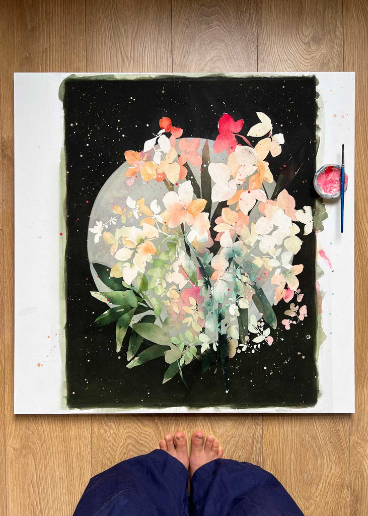 Moon Orchid, watercolor painting on paper. Ingrid Sanchez, 2024.