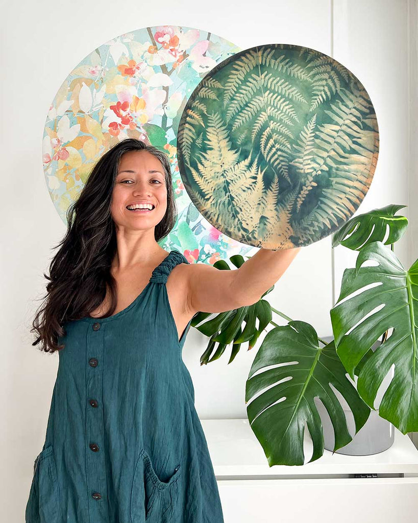 Golden Ferns is a 12” shamanic drum hand-crafted and hand-painted by artist Ingrid Sanchez. 