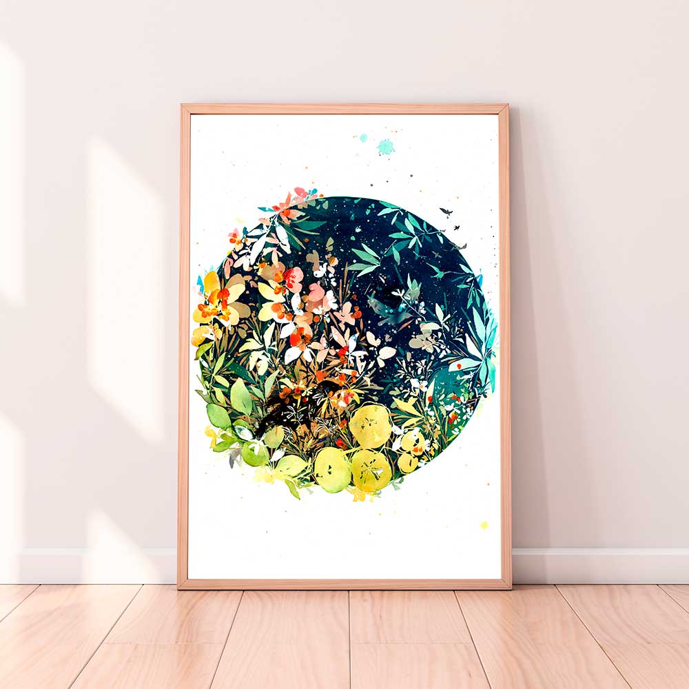 Art print featuring a black crow concealed amidst nasturtium leaves and flowers. 