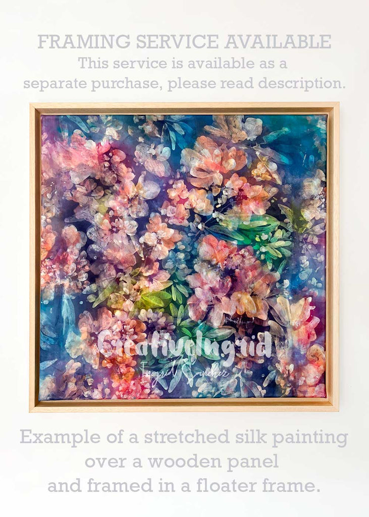 Stretch & Frame Service to turn your silk art into a beautifully framed, ready-to-display piece. This service is designed especially for silk artworks purchased from me.