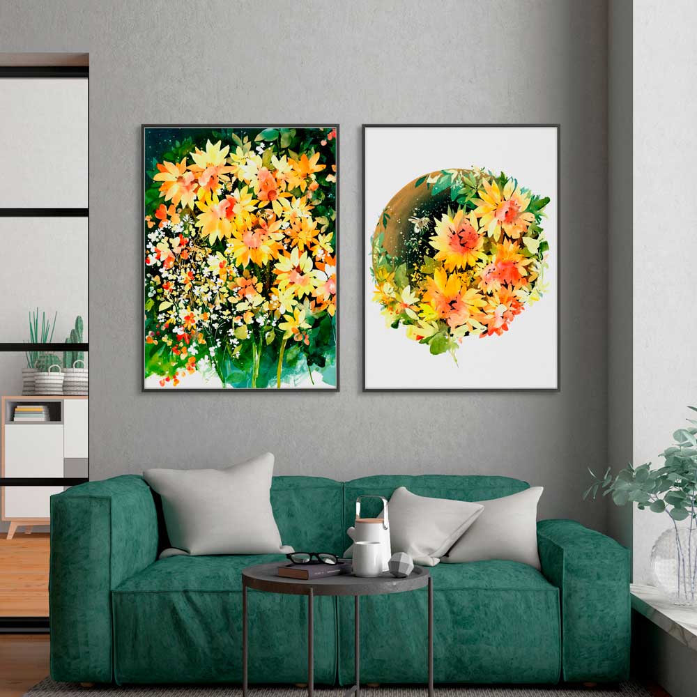 Sunflowers and bees, wall art by CreativeIngrid.