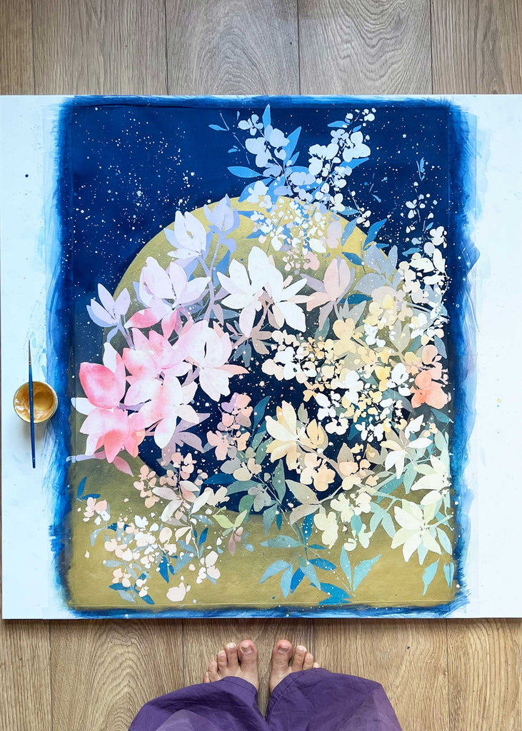 Sunrise to Moonset Blooms. An original painting that explores the mesmerizing journey from day to night, the delicate shifts from sunrise to sunset and the magical transition from winter to spring. Art by Ingrid Sanchez.