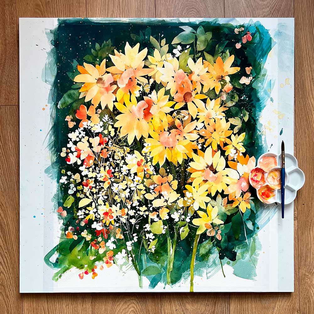 Three Bumble Bees and the Sunflowers, Original Art | Ingrid Sanchez