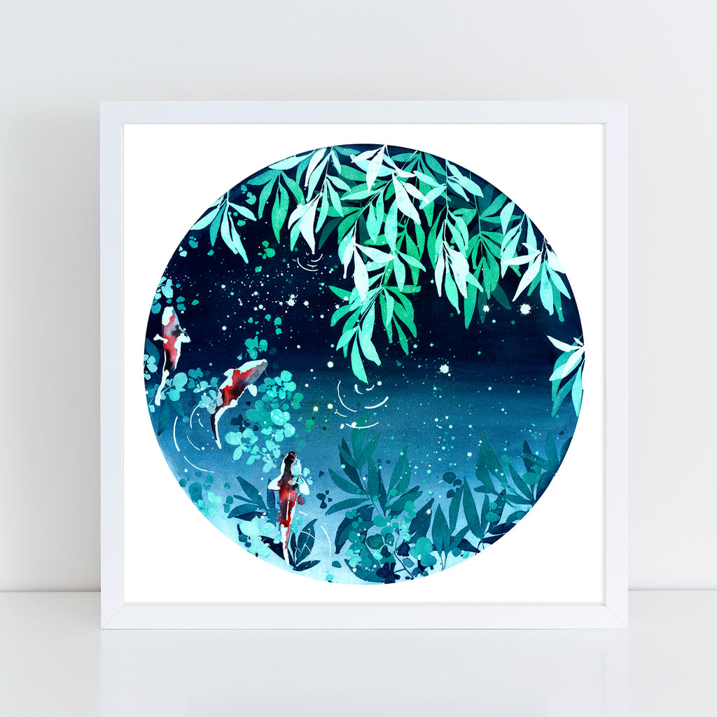 Willow Reflection in a Koi Pond, Square Art Print | CreativeIngrid