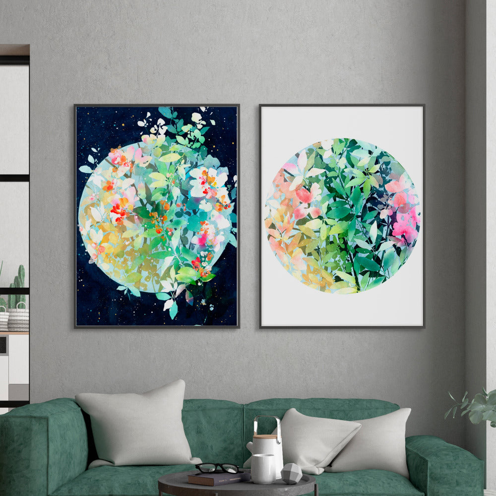 Set of watercolor moon art prints. 'In Full Bloom' and 'Day Blooming Moon' together as suggested companions. 
