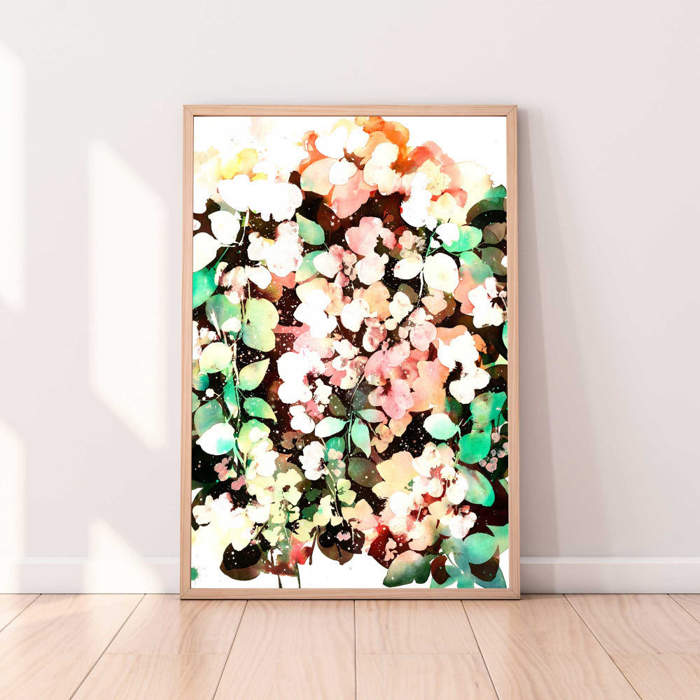 Fine art print of an ethereal garden painted with the colors of the earth.  'Earthy Blossoms' | Ingrid Sanchez, 2022.