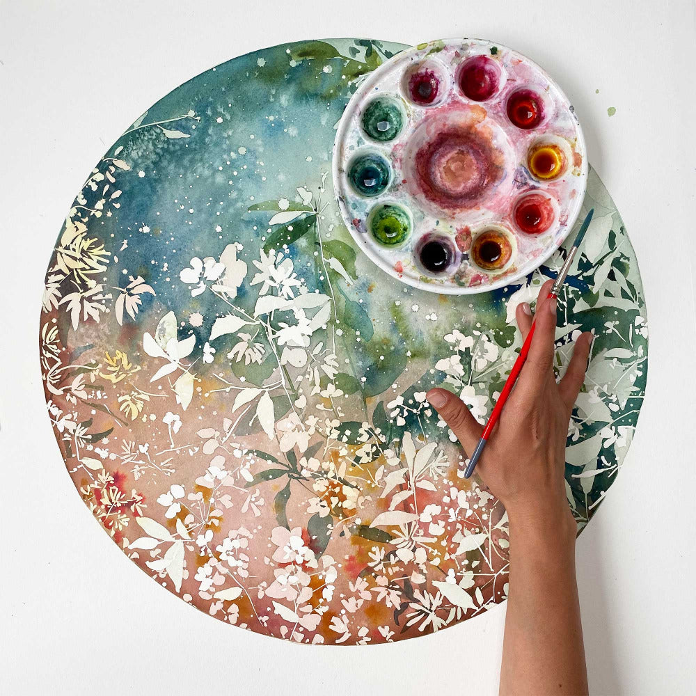 Original watercolor 'Earthy Moon' represents the connection between sky and earth after the rain. Ingrid Sanchez, CreativeIngrid (London, UK 2021).
