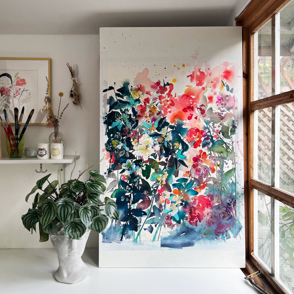 Original floral painting by Ingrid Sanchez. First and Last Blooms, London.